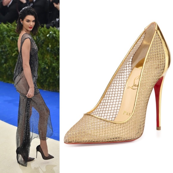 Christian Louboutin Follies Resille Glitter Fishnet High Heels Pumps Gold 8.5 - Picture 1 of 16